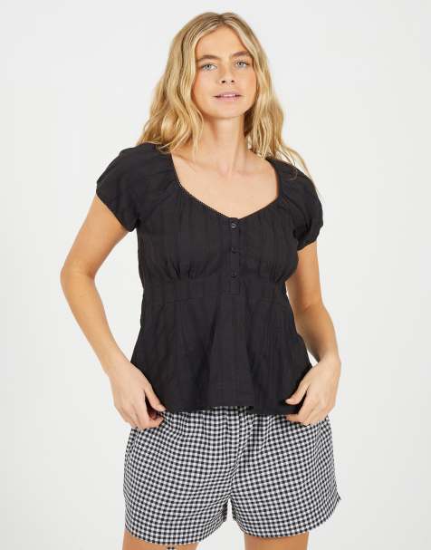 Brave Soul Woven short sleeve button down v-neck top in black - view 1