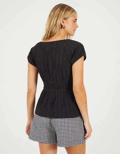 Brave Soul Woven short sleeve button down v-neck top in black, 2 of 3