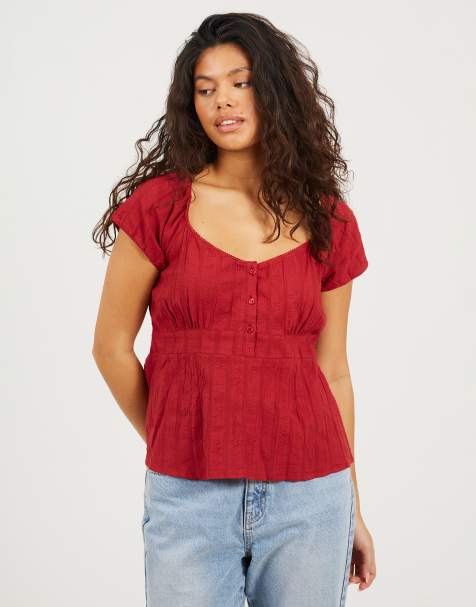 Brave Soul Woven short sleeve button down v-neck top in red - view 1
