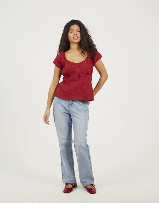 Brave Soul Woven short sleeve button down v-neck top in red, 3 of 4