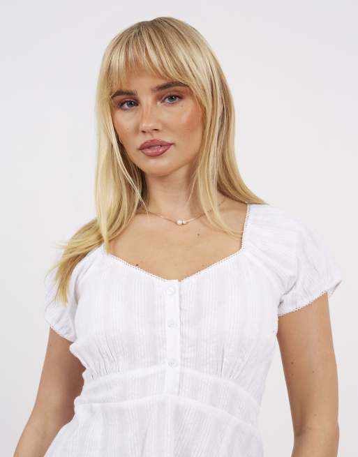 Brave Soul Woven short sleeve button down v-neck top in white, 4 of 4