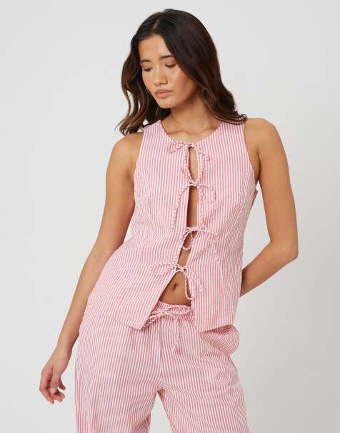 Brave Soul Woven stripe tie front waistcoat in red - view 1