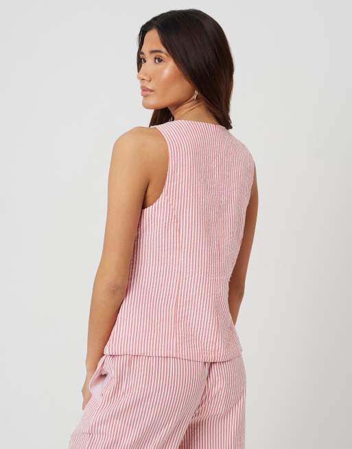 Brave Soul Woven stripe tie front waistcoat in red, 2 of 4