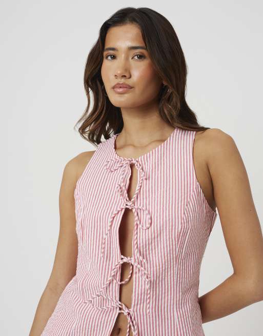 Brave Soul Woven stripe tie front waistcoat in red, 4 of 4