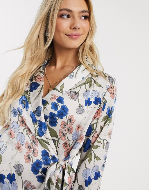 Brave Soul wrap blouse in cream floral print