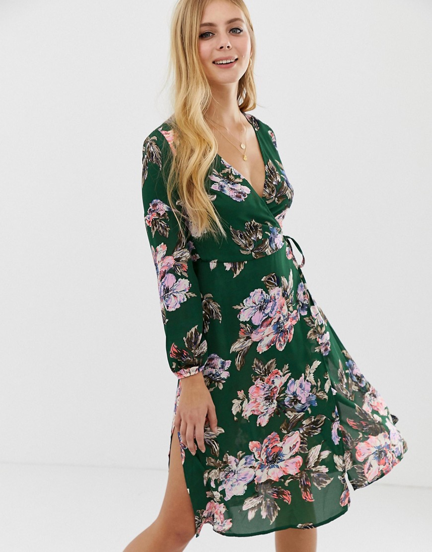 Brave Soul wrap front midi dress in green floral