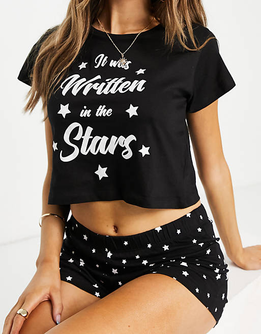 Brave Soul written in the stars short pyjama set with glitter print in black