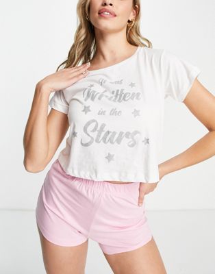 Brave Soul written in the stars short pyjama set with glitter print in white and pink