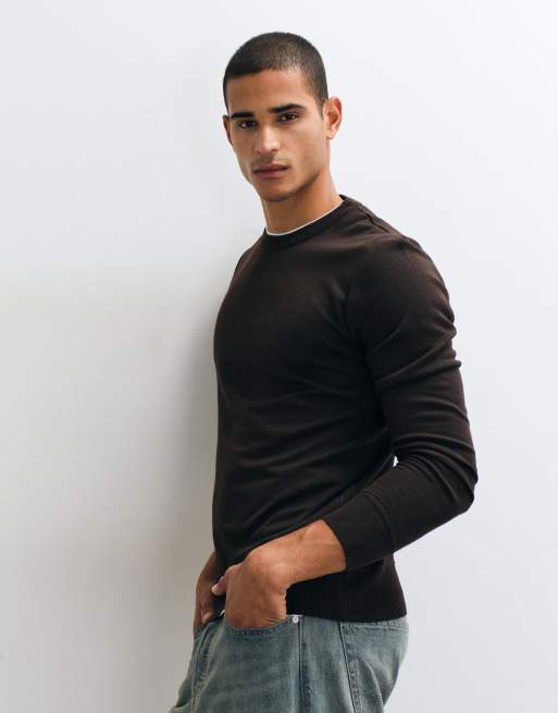 Brave Soul zachte crewneck gebreide trui in chocoladebruin, 3 van 5