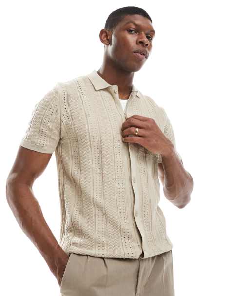 Brave Soul knitted button through polo shirt in beige