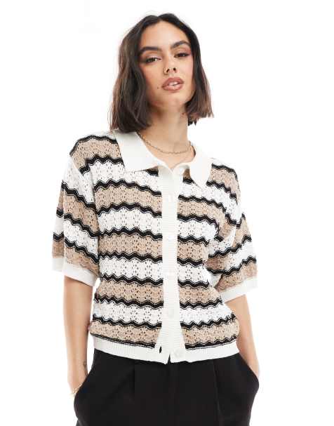 Brave Soul crocheted button down top in zig zag print 
