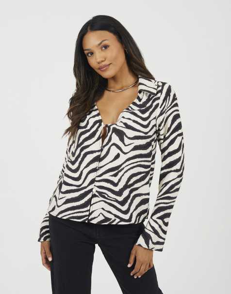 Brave Soul Zebra print long sleeve collared blouse in black - view 1