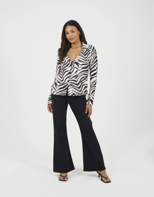 Brave Soul Zebra print long sleeve collared blouse in black, 3 of 4