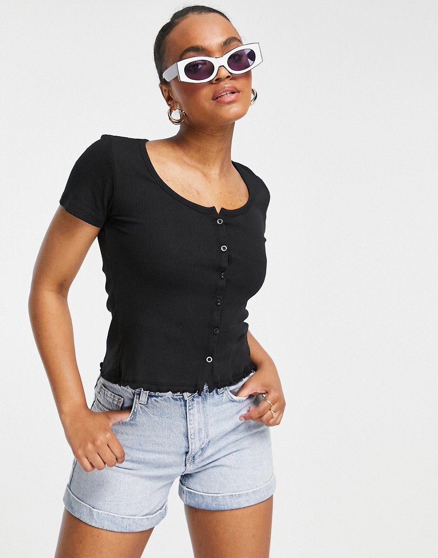 Brave Soul Zelly button down T-shirt with scoop neck-Black