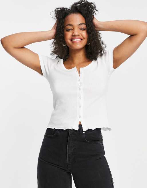 Brave Soul – Zelly – Durchgeknöpftes T-Shirt in Weiß