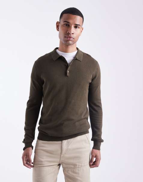 Brave Soul placket long sleeve polo top in green