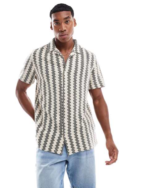 Brave Soul Zig zag stripe short sleeve shirt in natural - view 1