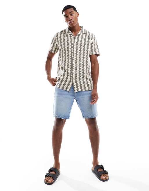 Brave Soul Zig zag stripe short sleeve shirt in natural, 4 of 4
