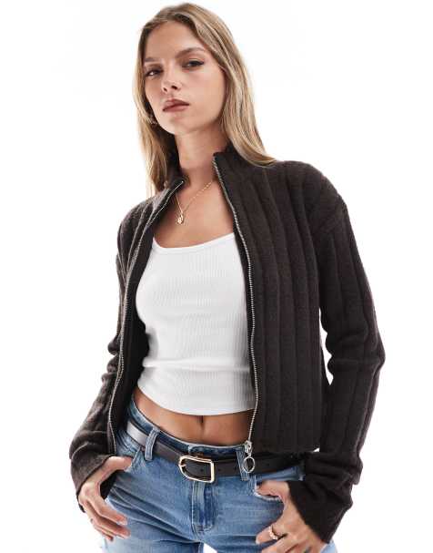Brave Soul zip front ribbed jumper in dark brown - view 1