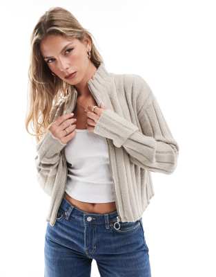 Brave Soul Brave Soul zip front ribbed jumper in taupe-Neutral