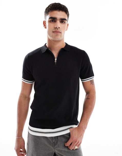 Brave Soul Zip neck knitted polo with contract trim in black