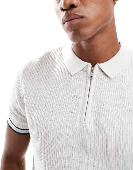 Brave Soul Zip neck knitted polo with contract trim in natural, 2 of 4