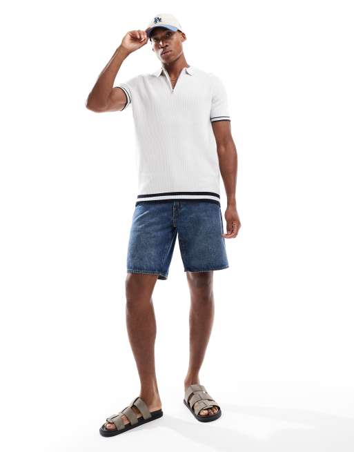 Brave Soul Zip neck knitted polo with contract trim in natural, 3 of 4