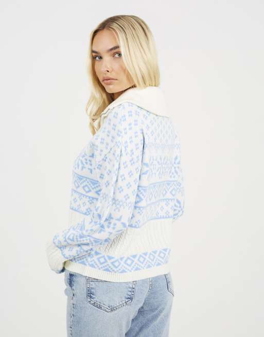 Brave Soul Zip through fairisle christmas cardigan in blue, 2 of 4