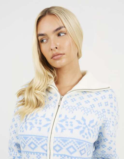Brave Soul Zip through fairisle christmas cardigan in blue, 4 of 4