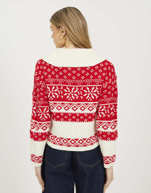 Brave Soul Zip through fairisle christmas cardigan in red, 2 of 4