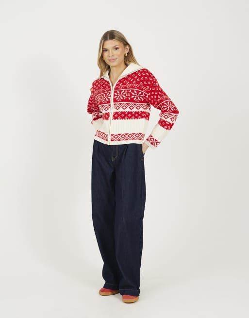 Brave Soul Zip through fairisle christmas cardigan in red, 3 of 4