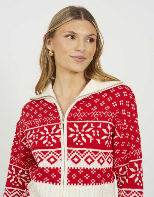 Brave Soul Zip through fairisle christmas cardigan in red, 4 of 4