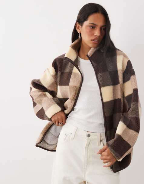 Brave Soul zip through fleece in brown and cream check - view 1