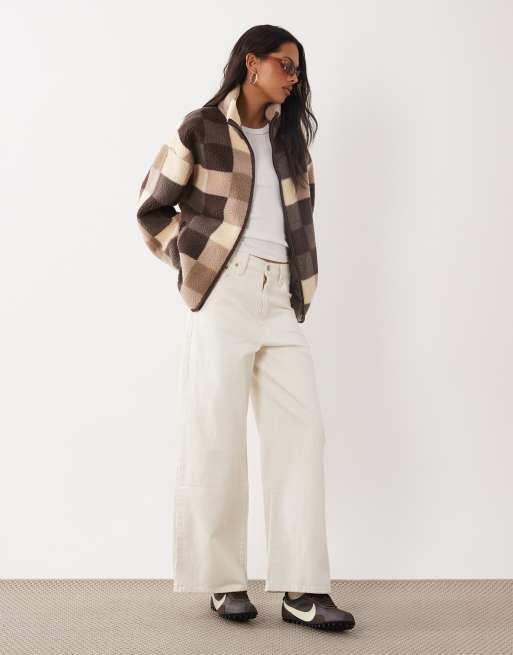 Brave Soul zip through fleece in brown and cream check, 2 of 4