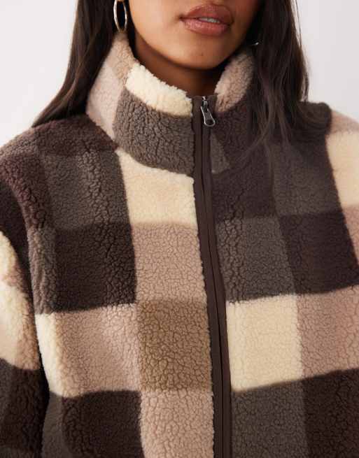 Brave Soul zip through fleece in brown and cream check, 3 of 4