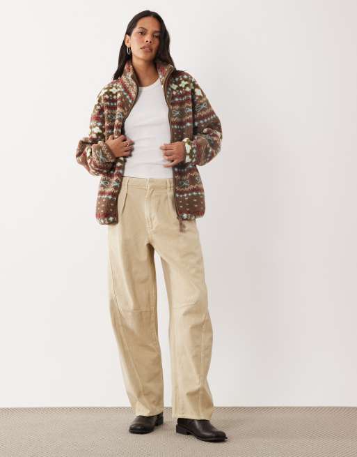 Brave Soul zip through fleece with bow print in brown, 2 of 4