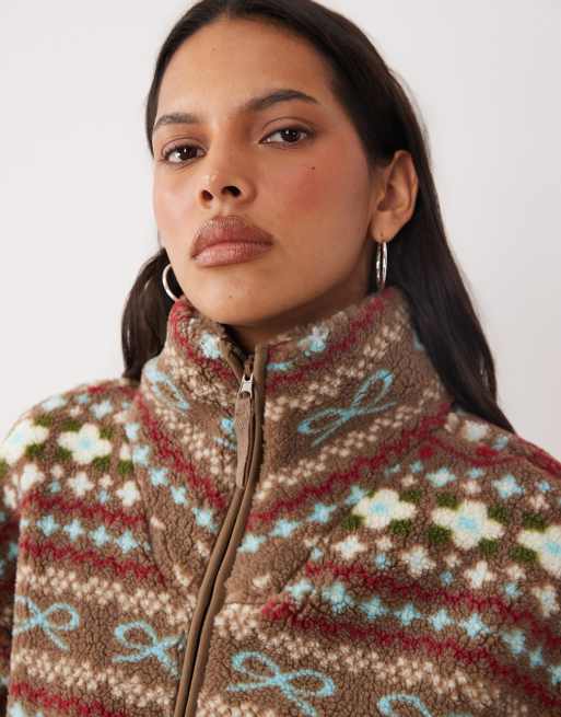 Brave Soul zip through fleece with bow print in brown, 3 of 4