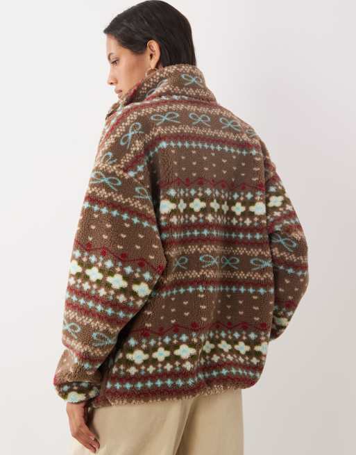Brave Soul zip through fleece with bow print in brown, 4 of 4