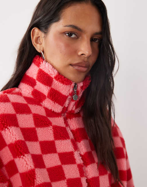 Brave Soul zip through fleece with checkerboard print in pink and red, 3 of 4