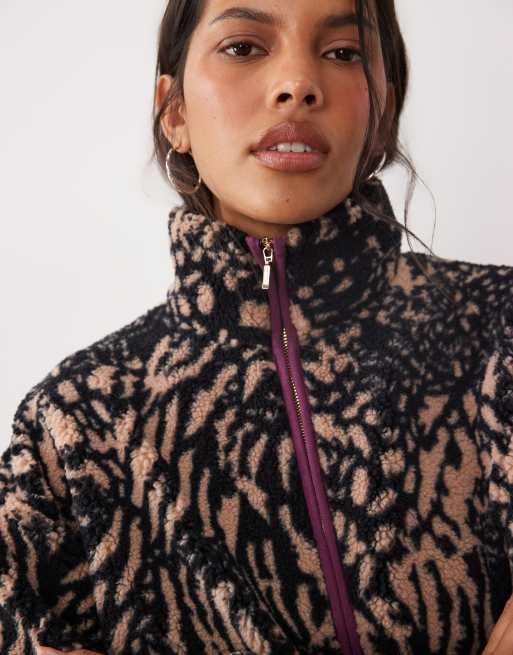 Brave Soul zip through fleece with contrasting zip in brown animal print, 2 of 4
