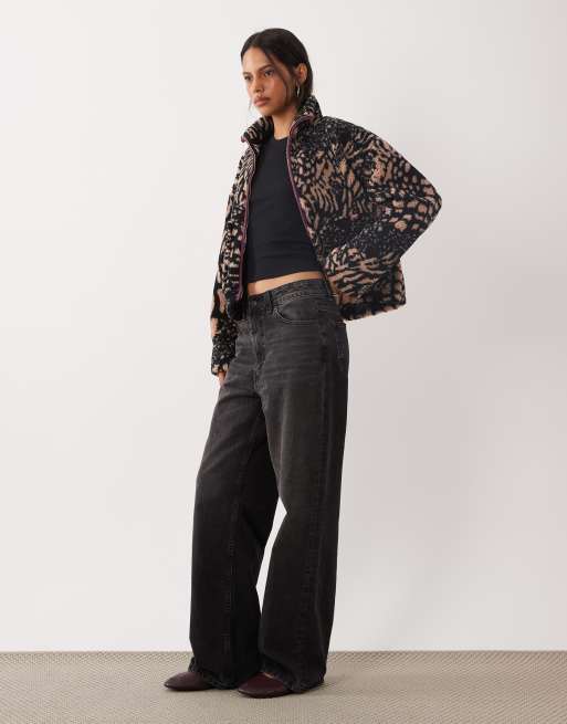 Brave Soul zip through fleece with contrasting zip in brown animal print, 3 of 4