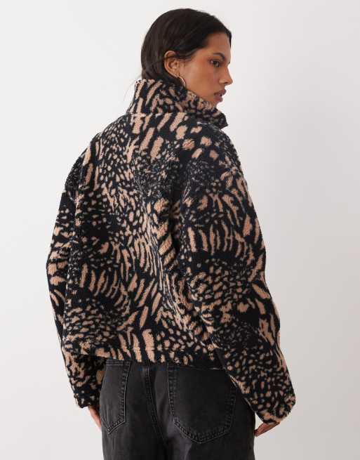 Brave Soul zip through fleece with contrasting zip in brown animal print, 4 of 4