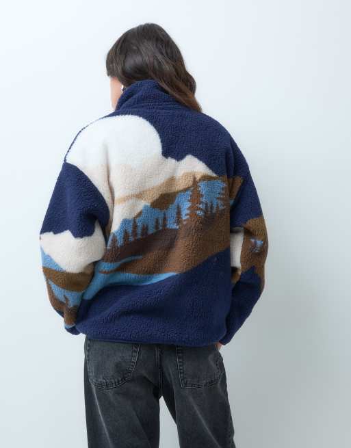Brave Soul zip through fleece with landscape graphic print in navy, 4 of 5