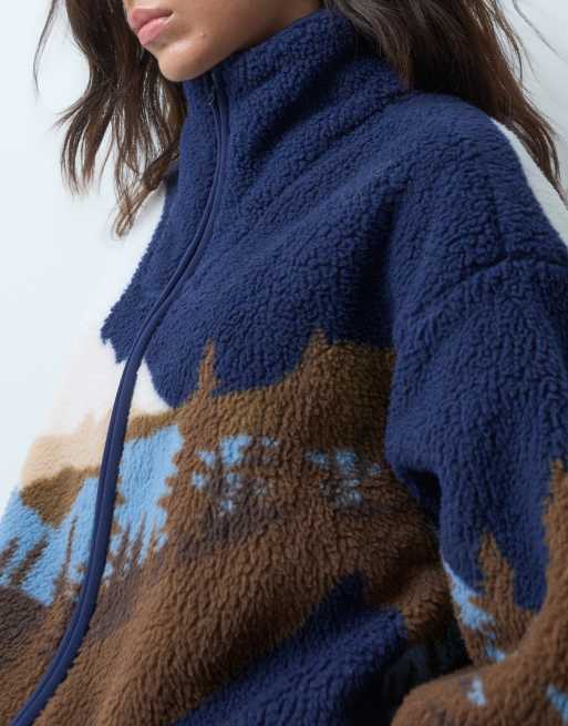 Brave Soul zip through fleece with landscape graphic print in navy, 5 of 5