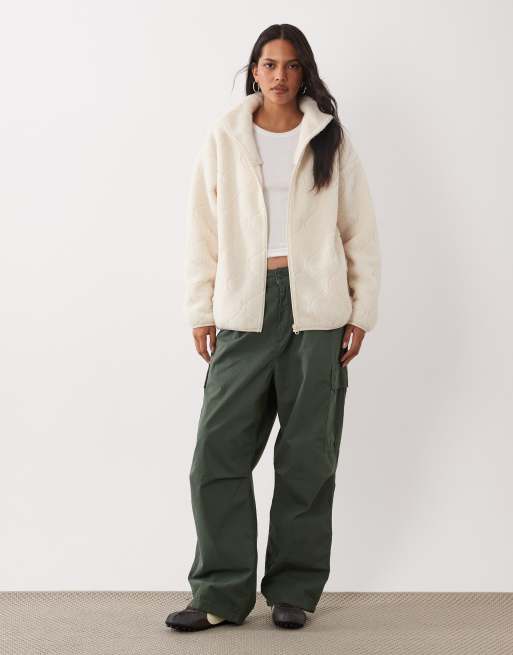 Brave Soul zip through fleece with quilted stitch detail in cream, 2 of 4