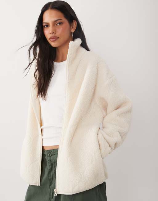 Brave Soul zip through fleece with quilted stitch detail in cream, 3 of 4