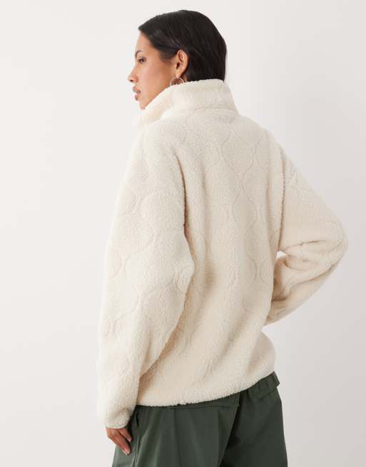 Brave Soul zip through fleece with quilted stitch detail in cream, 4 of 4