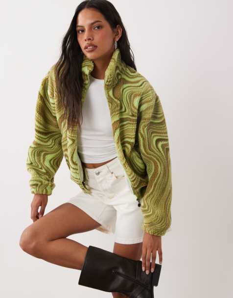 Brave Soul zip through fleece with swirl print in green - view 1