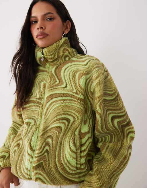 Brave Soul zip through fleece with swirl print in green, 3 of 4