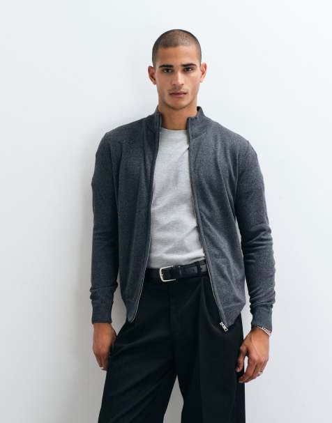 Brave Soul zip through funnel neck knitted jumper in charcoal twist - view 1